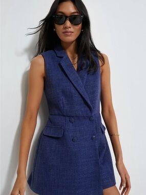 NWT Tuckernuck Sleeveless Double-Breasted Navy Tweed Vest Romper